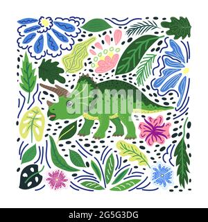 Collection de dinosaures verts et préhistoriques de Triceratops. Animaux anciens. Dessiné à la main. Dans un cadre de fleurs et de feuilles. Illustration de Vecteur