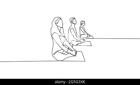 Yoga, femme, homme pratique le yoga tout en étant assis dans la position de lotus. Mise en plan de ligne continue Illustration de Vecteur