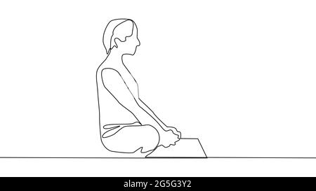 Yoga, femme, homme pratique le yoga tout en étant assis dans la position de lotus. Mise en plan de ligne continue Illustration de Vecteur