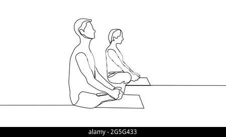 Yoga, femme, homme pratique le yoga tout en étant assis dans la position de lotus. Mise en plan de ligne continue Illustration de Vecteur