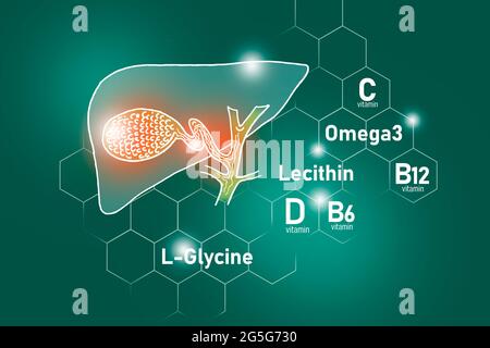 Nutriments essentiels pour la santé de la vessie de Gall, y compris Omega 3, L-Glycine, Omega3, lécithine sur fond vert profond. Banque D'Images