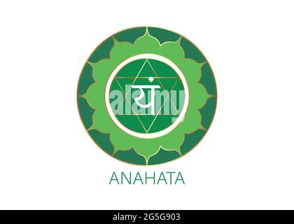 Anahata quatrième chakra avec le mantra de semence hindou Sanskrit VAM. Vert est un symbole de style de conception plate pour la méditation, le yoga. Modèle de logo rond Vector Illustration de Vecteur