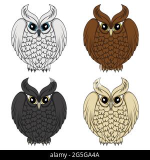 Ensemble d'images couleur avec hiboux. Objets vectoriels isolés sur fond blanc. Illustration de Vecteur