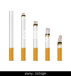 Vector 3d Realistic cigarette Set gros plan isolé sur fond blanc. Différentes étapes de gravure. Entier et fumeurs. 31 mai Journée mondiale sans tabac. Non Illustration de Vecteur