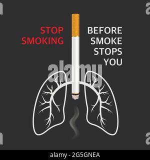 Vector 3d cigarette réaliste, poumons, fumée et citation sur fond noir. 31 mai Journée mondiale sans tabac. Sensibilisation à l'interdiction de fumer. Arrêtez de fumer Illustration de Vecteur