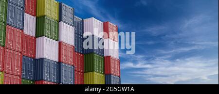 Fret portuaire. Pile de conteneurs dans un port avec ciel bleu sur fond. rendu 3d Banque D'Images