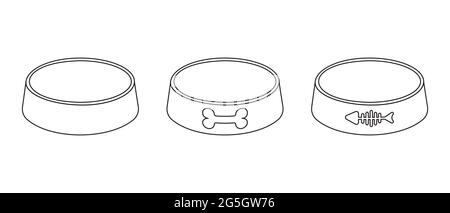 Icônes de contour des bols vides pour animaux de compagnie. Plaques en plastique ou en métal pour chiens et chats isolées sur fond blanc. Contour modifiable. Illustration vectorielle de style linéaire. Illustration de Vecteur