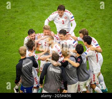 Torjubel : Pierre-Émile Höjbjerg (Dänemark), Andreas Cornelius (Dänemark), Martin Braithwaite (Dänemark), Jannik Vestergaard (Dänemark), Andreas Chris Banque D'Images