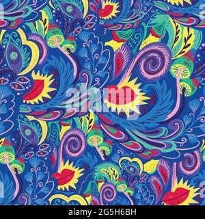 Motif coloré sans couture avec des éléments abstraits bio psychédéliques fous, imprimé avec des motifs de plantes et de champignons et des couleurs fluo vives Illustration de Vecteur