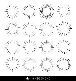 Ensemble de rayons scintillants et rayons de soleil en forme de cercle Doodle. Style d'esquisse dessiné à la main. Symbole cadre brillant pour badge. Illustration vectorielle. Illustration de Vecteur