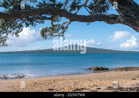 L'île Rangitoto se trouve à un horizon lointain, en face du port, de la plage de St Leonard, sur la rive nord d'Auckland. Banque D'Images