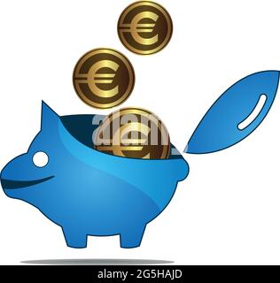 Piggy Bank et Euro. Icônes de la banque de porc bleue. Illustration de Vecteur
