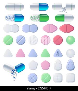 Pilules, comprimés et médicaments, capsules colorées avec remplissage en granulés. Analgésiques ovales et ronds, antibiotiques, vitamines, acides aminés, minéraux, Additifs bio-actifs, kit de vecteurs Cartoon Illustration de Vecteur