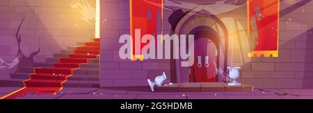 Intérieur du château médiéval abandonné. Palais de conte de fées délabré avec porte voûtée en bois craquée, pots de fleurs cassés, bannières déchiquetées sur le mur et toile de araignée sur les escaliers en pierre Illustration vectorielle de dessin animé Illustration de Vecteur