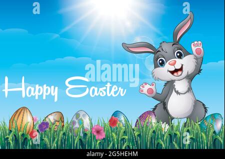 Lapin de Pâques animé avec œufs colorés dans le champ d'herbe Illustration de Vecteur