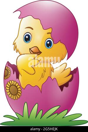 Un joli petit poussin de dessin animé a éclos d'un œuf isolé sur un fond blanc Illustration de Vecteur