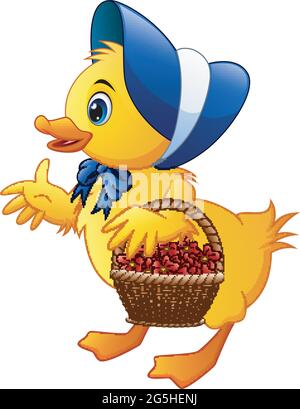 Petit canard de dessin animé portant des fleurs dans un panier avec chapeau bleu et noeud papillon Illustration de Vecteur