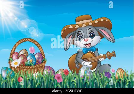 Lapin de Pâques avec un panier rempli d'œufs de Pâques décorés dans un champ Illustration de Vecteur