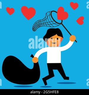 Office Worker essayer de capturer l'amour volant avec un papillon net.The Vector Illustration montre le concept de la façon de gagner beaucoup d'amour. Illustration de Vecteur