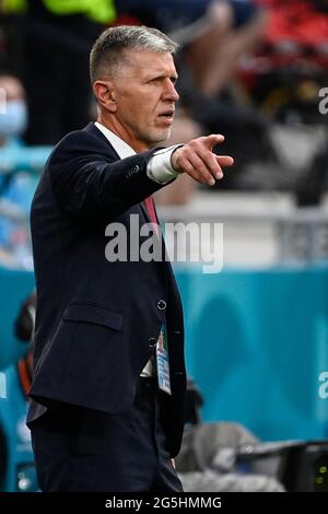 Budapest, Hongrie. 27 juin 2021. L'entraîneur-chef de la République tchèque Jaroslav Silhvy lors du championnat européen de football 2020 du match de 16 entre les pays-Bas et la République tchèque à Budapest, Hongrie, le 27 juin 2021. Crédit : Ondrej Deml/CTK photo/Alay Live News Banque D'Images