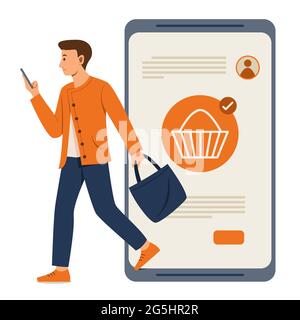 Man fait ses achats en ligne sur téléphone mobile tout en sortant de Big smartphone. Illustration de Vecteur