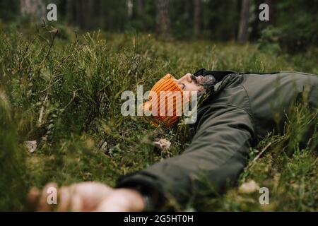 Mâle explorer reposant sur l'herbe dans la forêt Banque D'Images