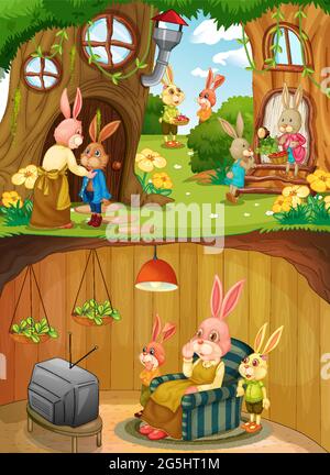 Famille de lapins en sous-sol avec la surface du jardin illustration de la scène Illustration de Vecteur