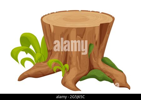 Souche d'arbre, vieux tronc avec herbe et mousse dans le style de dessin animé isolé sur fond blanc. Décoration de forêt, ressource d'interface utilisateur, objet détaillé et texturé. Illustration vectorielle Illustration de Vecteur