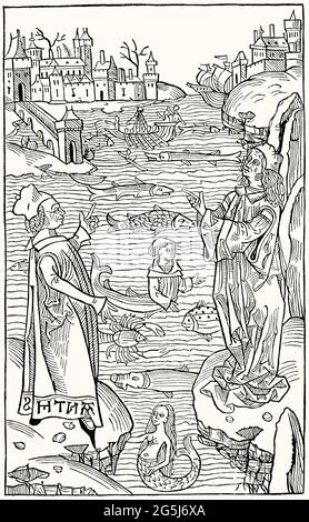 Titre de de Piscibus, avec 106 chapitres sur les animaux aquatiques, The Hortus Sanitatis, une encyclopédie d'histoire naturelle latine publiée par Jacob Meydenbach, Mayence, Allemagne en 1491 Banque D'Images