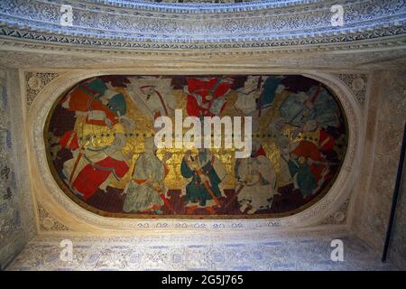 Alhambra Grenade Espagne.salle des Rois (Sala de los Reyes) également appelé salle de justice (Sala de la Justicia) et Cour (Tribunal) du XVIIIe siècle.le tableau représente les dix premiers rois de la dynastie Nasrid Banque D'Images