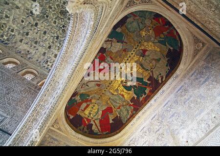 Alhambra Grenade Espagne.salle des Rois (Sala de los Reyes) également appelé salle de justice (Sala de la Justicia) et Cour (Tribunal) du XVIIIe siècle.le tableau représente les dix premiers rois de la dynastie Nasrid Banque D'Images