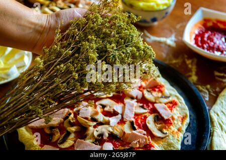 Bouquet d'origan. Préparation de la pizza italienne, de la pâte de levure aux champignons, aux olives, à la sauce tomate et au jambon. Banque D'Images