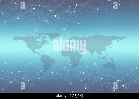 Carte du monde avec concept de réseau technologique mondial. Visualisation des données numériques. Plexus de lignes. Communication en arrière-plan Big Data. Scientifique Banque D'Images