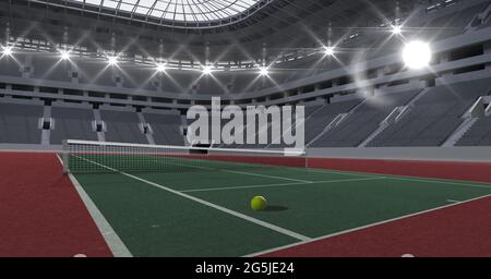 Composition d'un court de tennis vide au stade avec ballon de tennis Banque D'Images