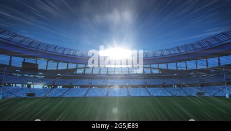 Composition d'un stade de football vide avec ciel bleu et soleil Banque D'Images