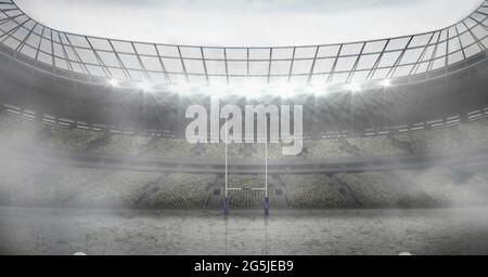 Composition d'un stade de rugby vide avec lumières et nuages Banque D'Images