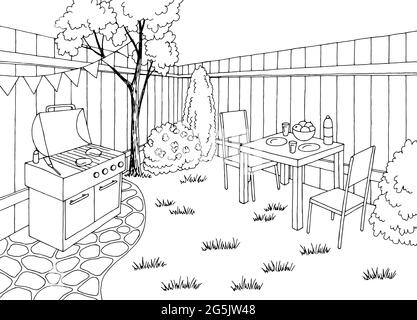 Jardin barbecue jardin jardin de la fête graphique noir blanc esquisse illustration vecteur Illustration de Vecteur