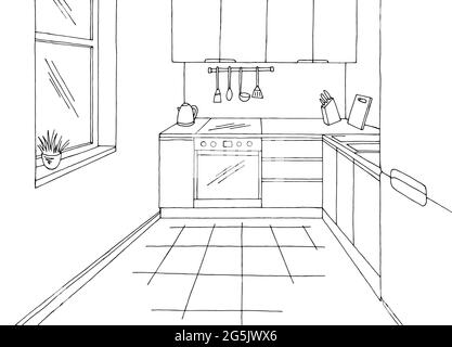 Cuisine pièce graphique noir blanc intérieur dessin illustration vecteur Illustration de Vecteur