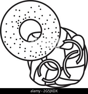 Bagel avec fromage à la crème et icône de ligne vectorielle lox pour avoir UN jour de Bagel le 11 décembre. Symbole de contour de l'alimentation juive traditionnelle. Illustration de Vecteur