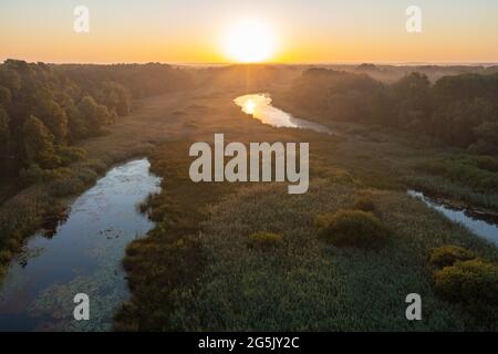 Vue aérienne d'un lever de soleil sur le lac oxbow sur la rivière Drava Banque D'Images