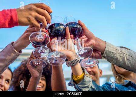 vue rognée en petit angle d'un groupe varié d'amis lors d'une fête qui fait un toast festif et des verres à vin. les gens heureux s'amusent l'été Banque D'Images