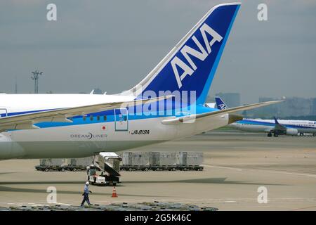 Tous les avions Nippon Airways (ANA) vus à l'aéroport international de Tokyo, communément appelé aéroport Haneda à Tokyo. Banque D'Images