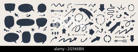 Jeu de flèches abstraites et de bulles de parole. Diverses flèches et ballons de discussion avec texture grunge. Infographie vectorielle abstraite à la main Illustration de Vecteur