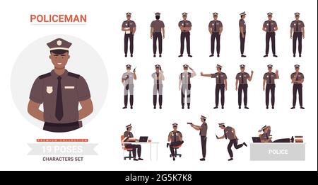 Le policier noir d'Amérique d'Afrique pose un jeu d'illustrations vectorielles. Caricature policier homme personnage travaillant au bureau ou dans la rue, policier homme portant un uniforme posant dans le travail isolé sur blanc Illustration de Vecteur