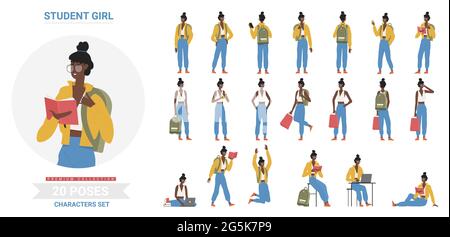 Afro-américain noir étudiant fille pose infographie vecteur jeu d'illustrations. Dessin animé plat jeune femme debout avec sac à dos, assis, étudiant à table avec ordinateur portable et des livres Illustration de Vecteur