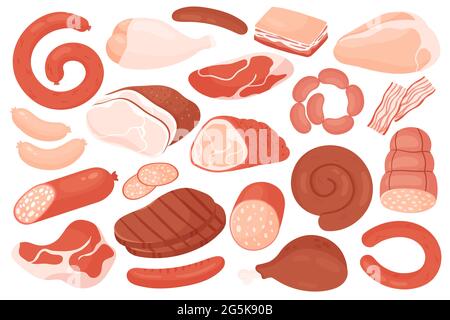 Ingrédients de viande, illustration vectorielle de l'ensemble de menus du magasin. Caricature gastronomie produit de viande pour la cuisine collection, boeuf cru, pancetta de porc rouge, filet de pattes de poulet frais et steak isolé sur blanc Illustration de Vecteur