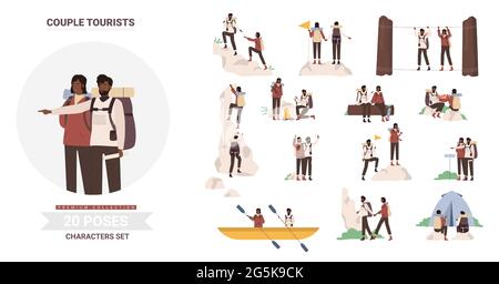 African american black People touristes pose vecteur illustration ensemble. Caricature homme femme couple voyageurs randonnée, camping, kayak escalade, jeune campeur profiter de tourisme aventures ensemble isolé Illustration de Vecteur