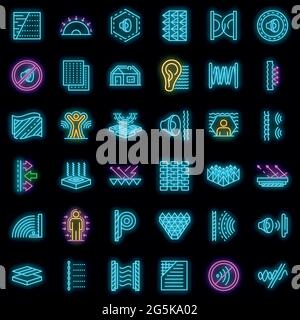Icônes d'insonorisation définies. Ensemble de contours d'icônes vectorielles d'insonorisation de couleur néon sur noir Illustration de Vecteur