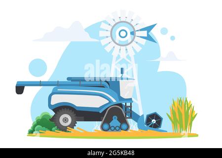 Moissonneuse-batteuse de ferme sur village campagne ranch illustration vecteur de terre. Caricature de machines agricoles travaillant sur le champ agricole cultivé de maïs-grain, technologie agricole isolée sur blanc Illustration de Vecteur