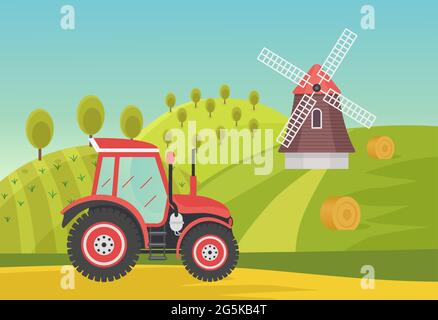 Ranch agricole champs verts d'été avec tracteur agricole moderne, illustration de vecteur agronomique. Tracteur agricole de dessin animé travaillant dans la campagne paysage de village, moulin à vent sur fond de colline Illustration de Vecteur